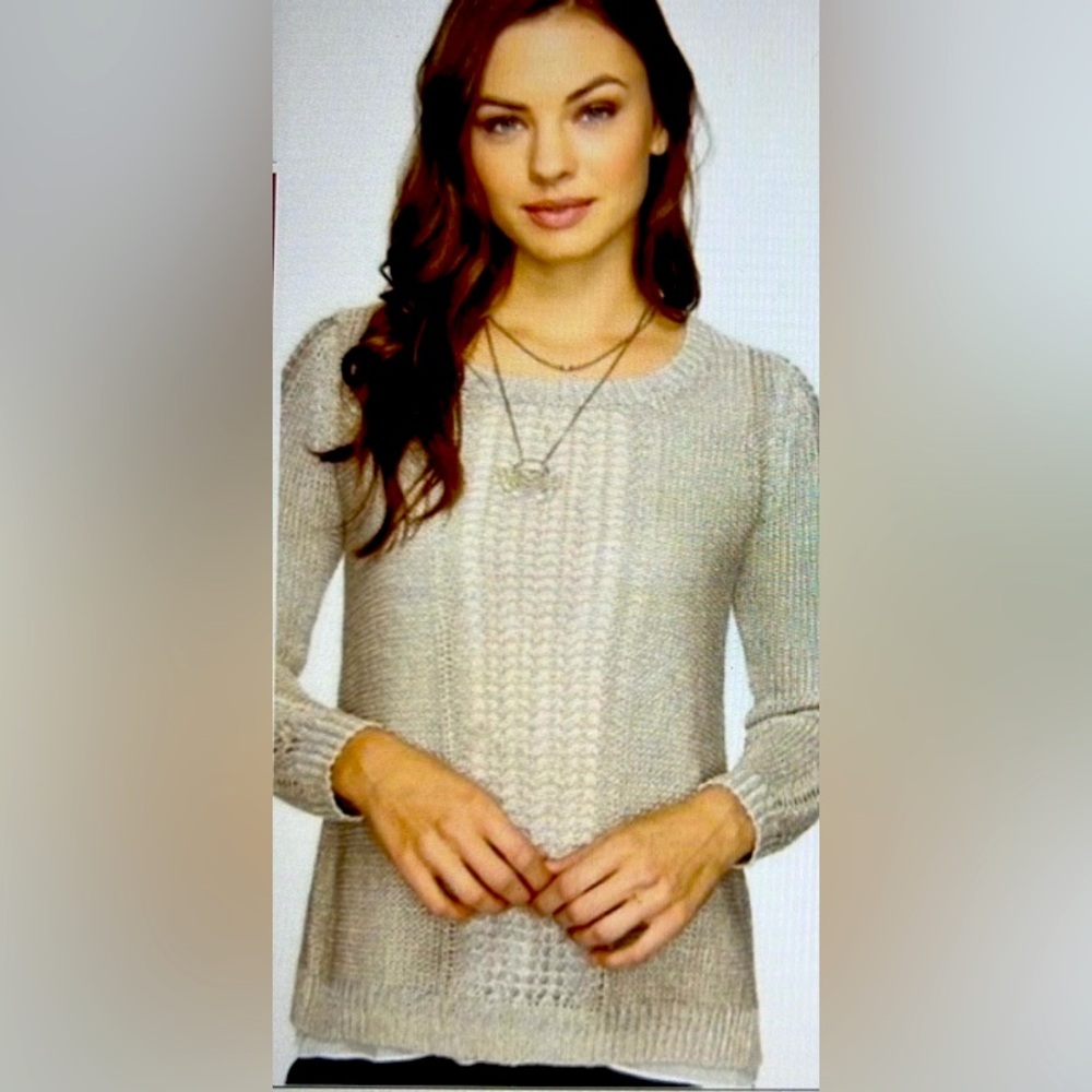 Lucky Brand Tan Gold Shimmer Open Knit Sweater With Chiffon Underlay Large